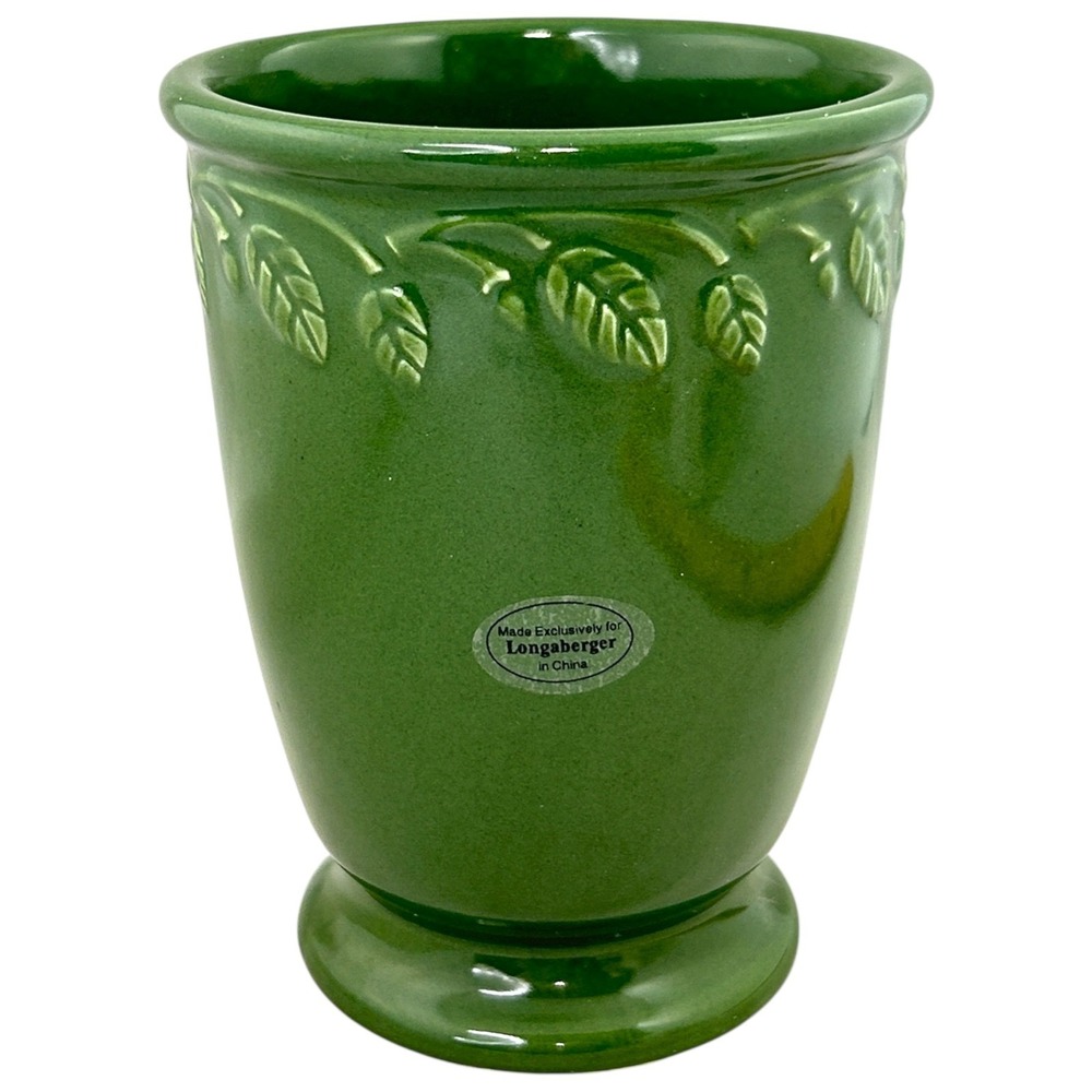 Longaberger AT HOME GARDEN VASE Green Ceramic Leaf Embossed Footed 5" - Picture 4 of 7